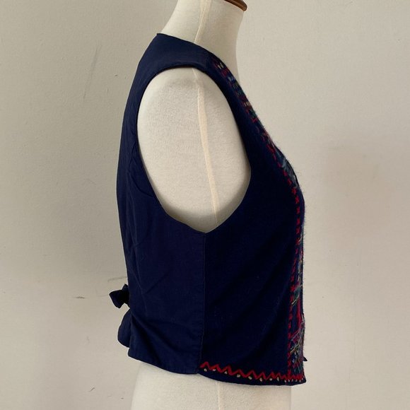 Vintage Embroidered Folk Art Vest Navy Blue Wool Button Up Vest - Picture 7 of 14